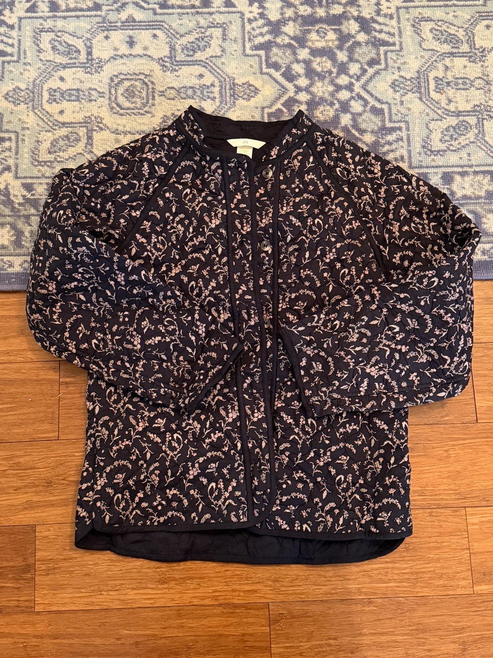 H&M Navy Quilted Bomber Jacket with Pink Floral Print